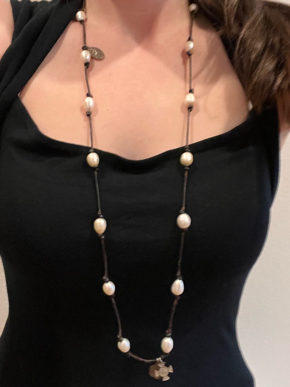 Freshwater Pearl and Religious Medallion Necklace with Leather Cord - White -
